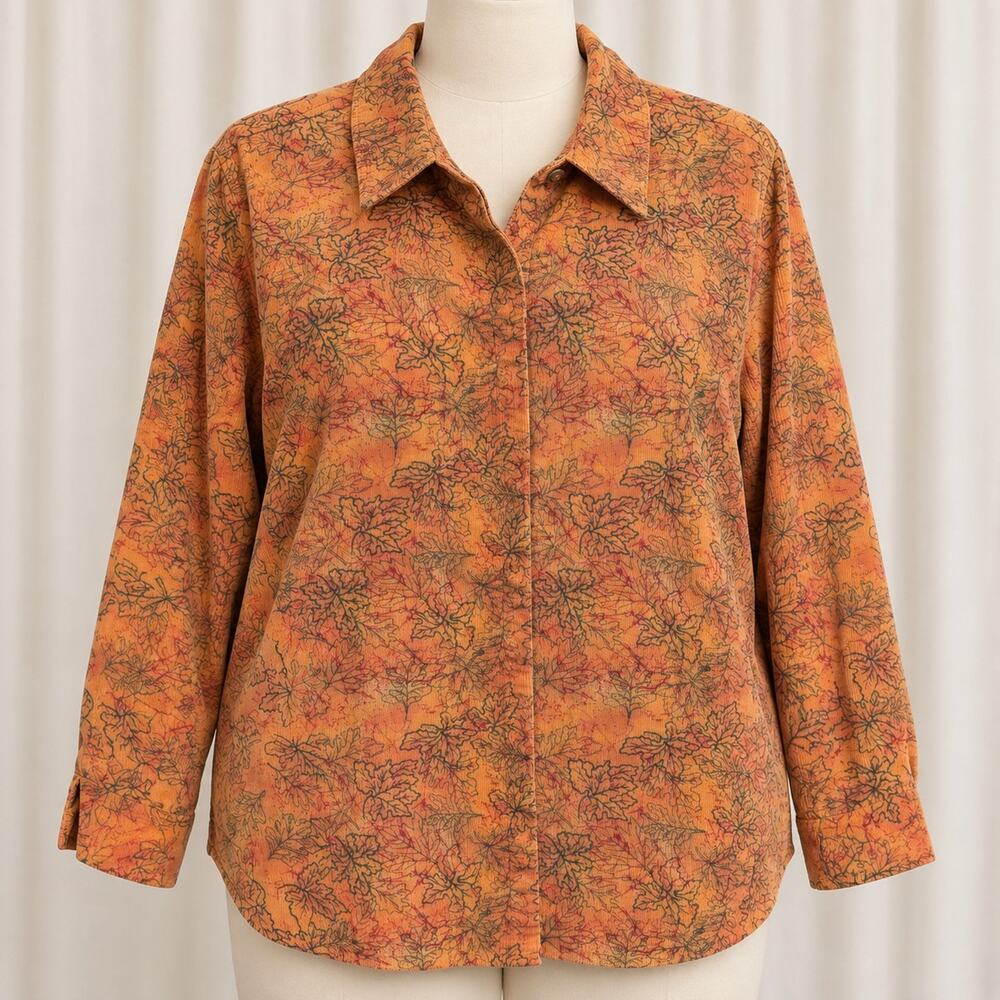 CJ Banks Shirt 2X Orange Leaf Print Corduroy Cotton Button Up Fall Autumn